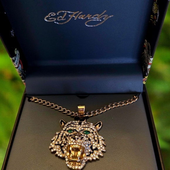 Ed Hardy Other - NEW Ed Hardy Stainless Steel 26" Necklace, Unisex, Gold Tiger Pendant, NWT Y2K